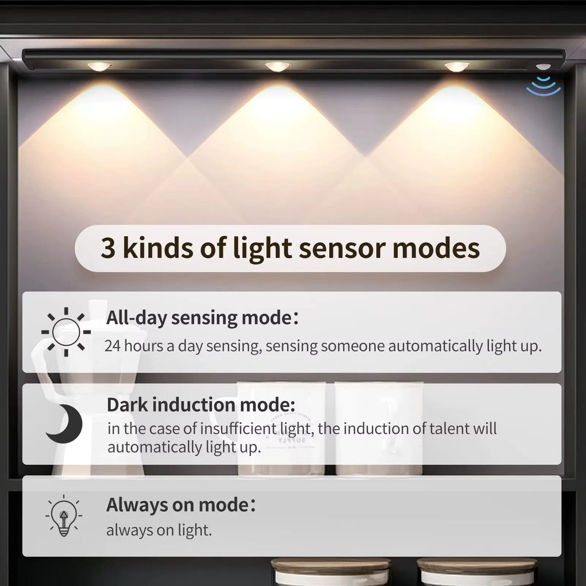 Lámpara LED ultrafina con sensor para muebles de cocina y armarios