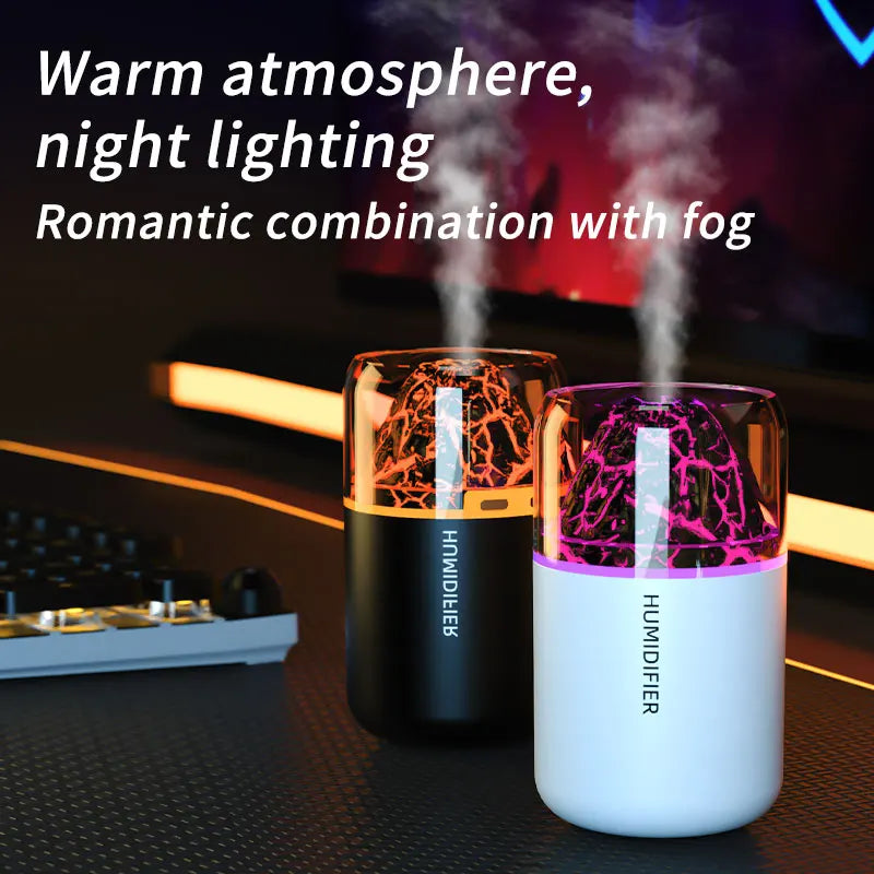 Humidificador volcán con luz LED y difusor de aromas USB