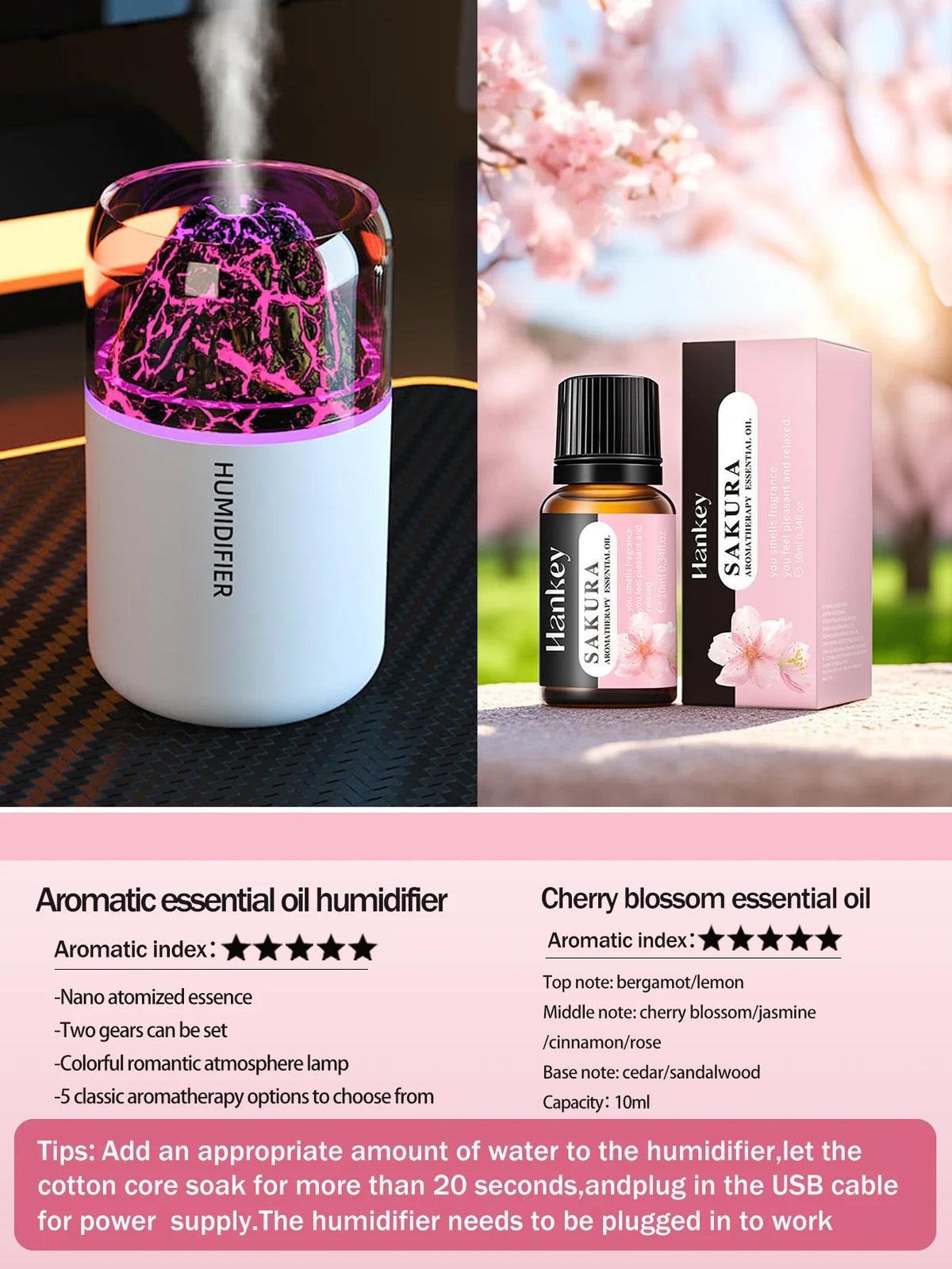 Humidificador volcán con luz LED y difusor de aromas USB