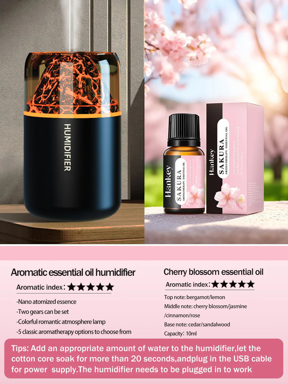 Humidificador volcán con luz LED y difusor de aromas USB