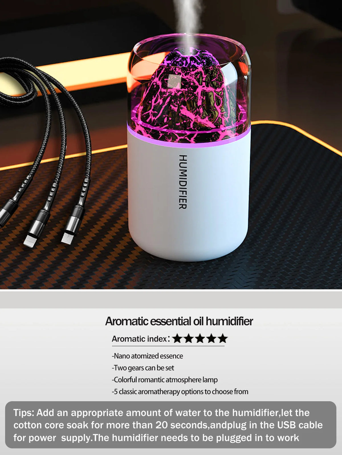 Humidificador volcán con luz LED y difusor de aromas USB