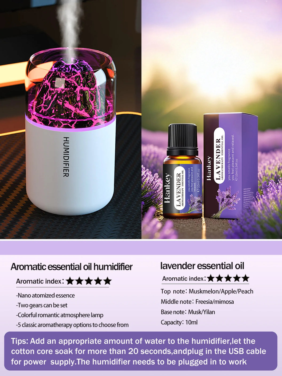 Humidificador volcán con luz LED y difusor de aromas USB