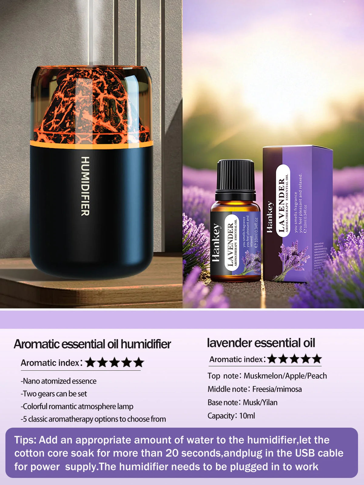 Humidificador volcán con luz LED y difusor de aromas USB