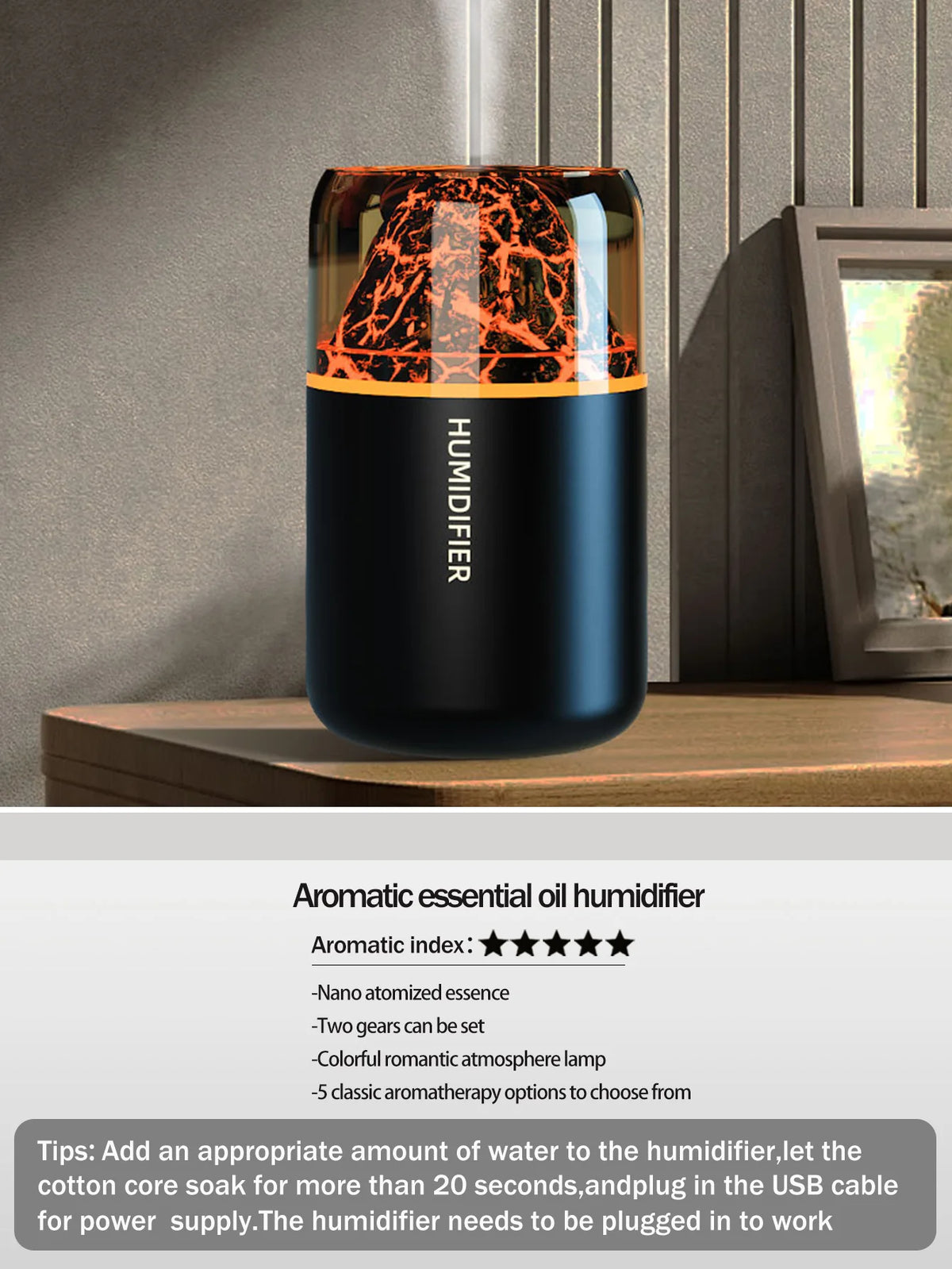 Humidificador volcán con luz LED y difusor de aromas USB