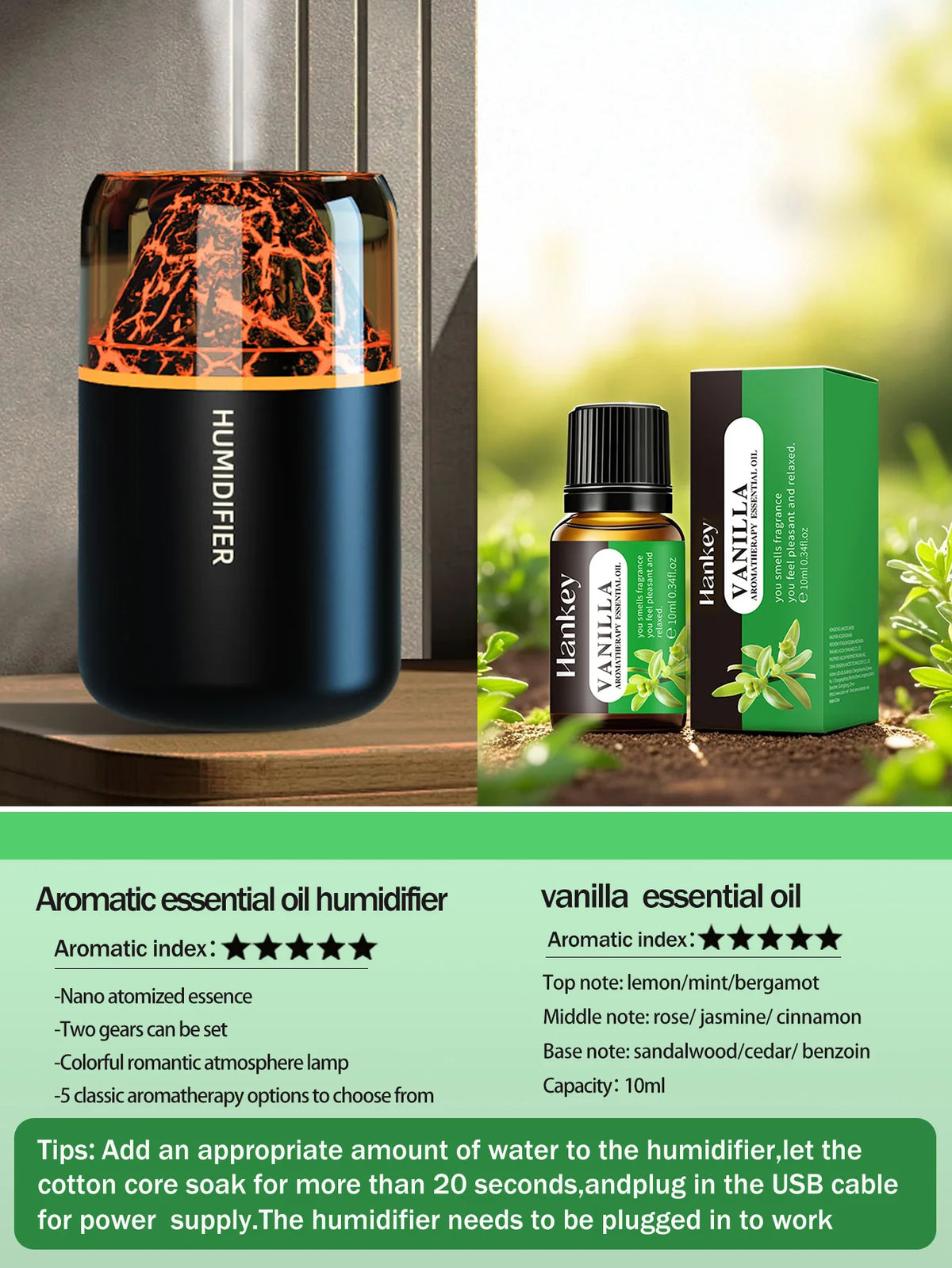 Humidificador volcán con luz LED y difusor de aromas USB