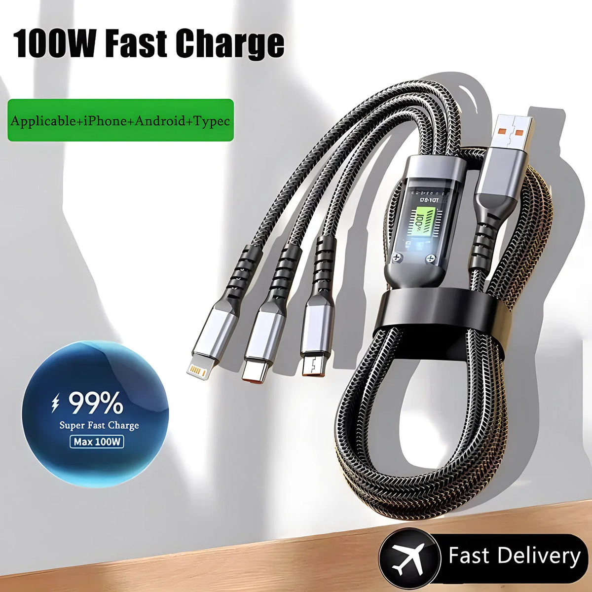 Cable de carga 3 en 1 (USB-C, Lightning y Micro USB)