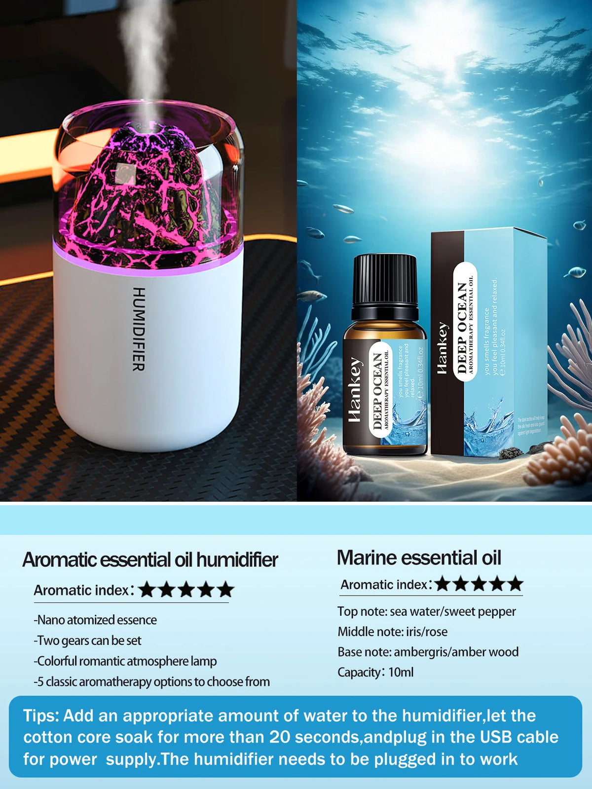 Humidificador volcán con luz LED y difusor de aromas USB