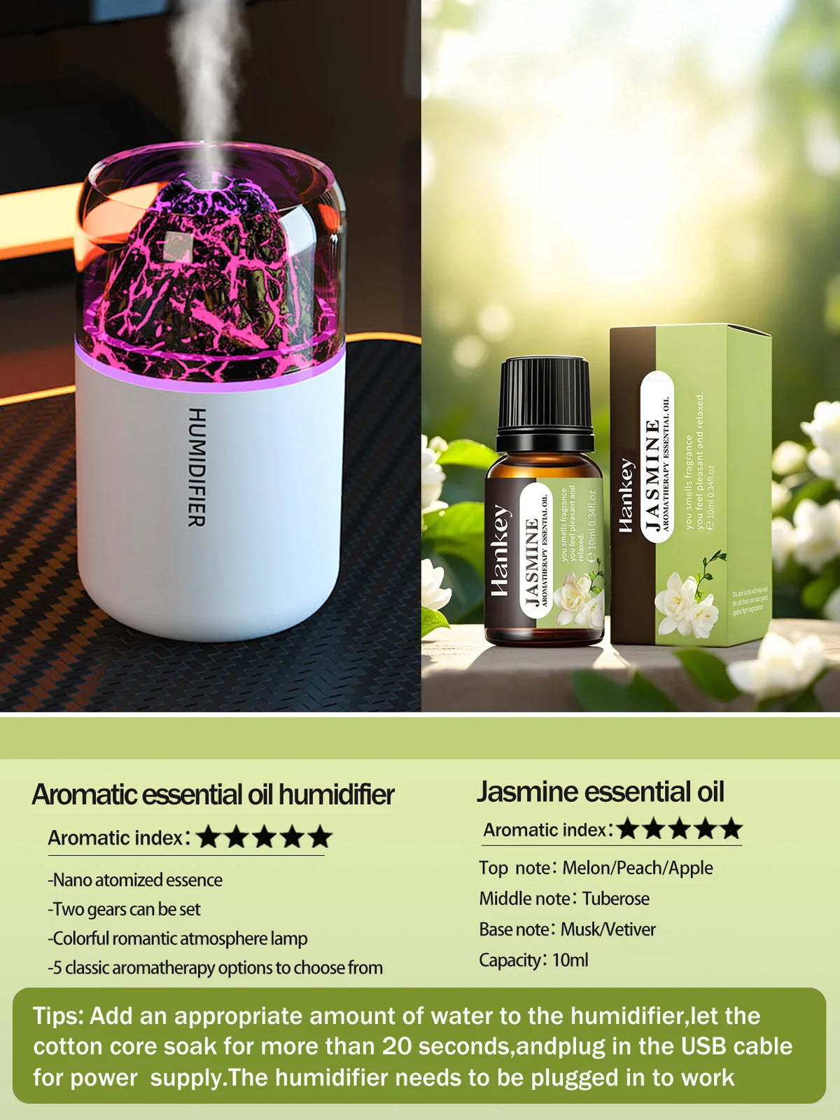 Humidificador volcán con luz LED y difusor de aromas USB