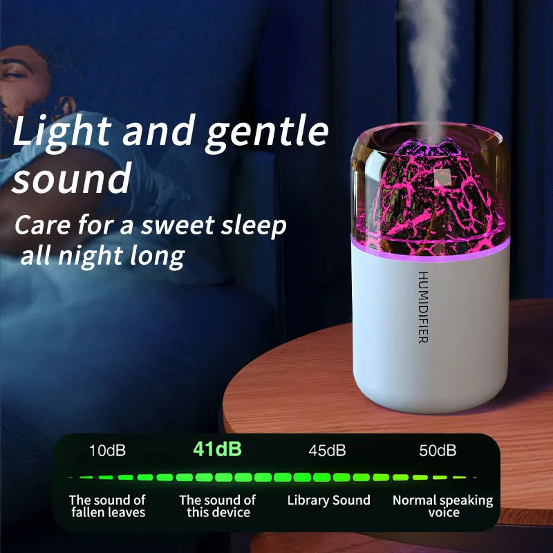 Humidificador volcán con luz LED y difusor de aromas USB