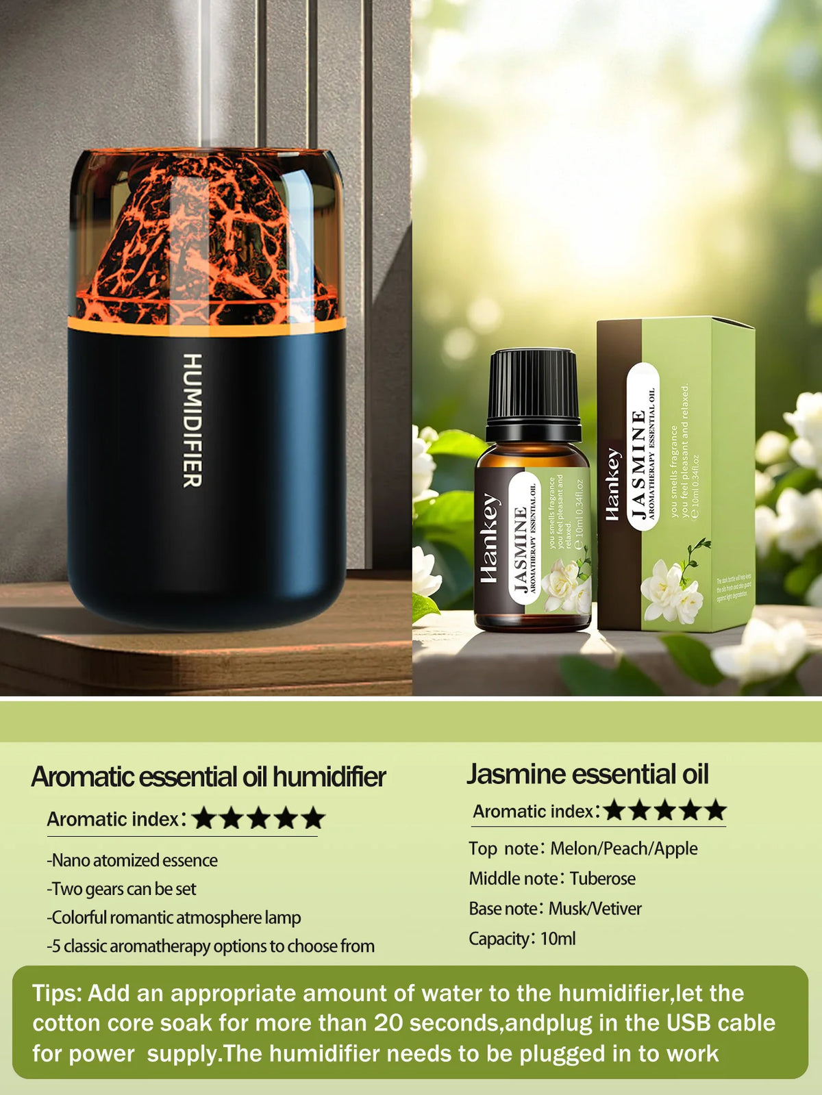 Humidificador volcán con luz LED y difusor de aromas USB