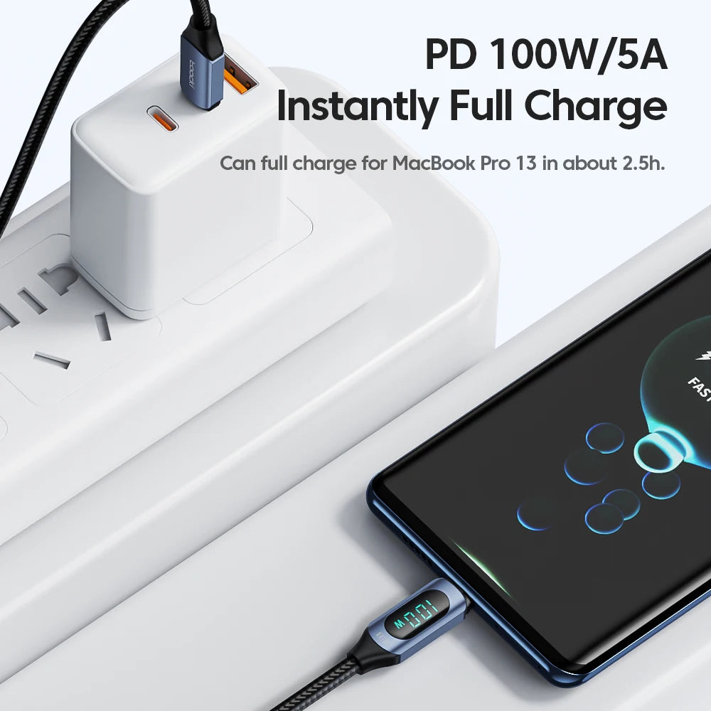 Cable USB-C a USB-C 100 W con pantalla de potencia