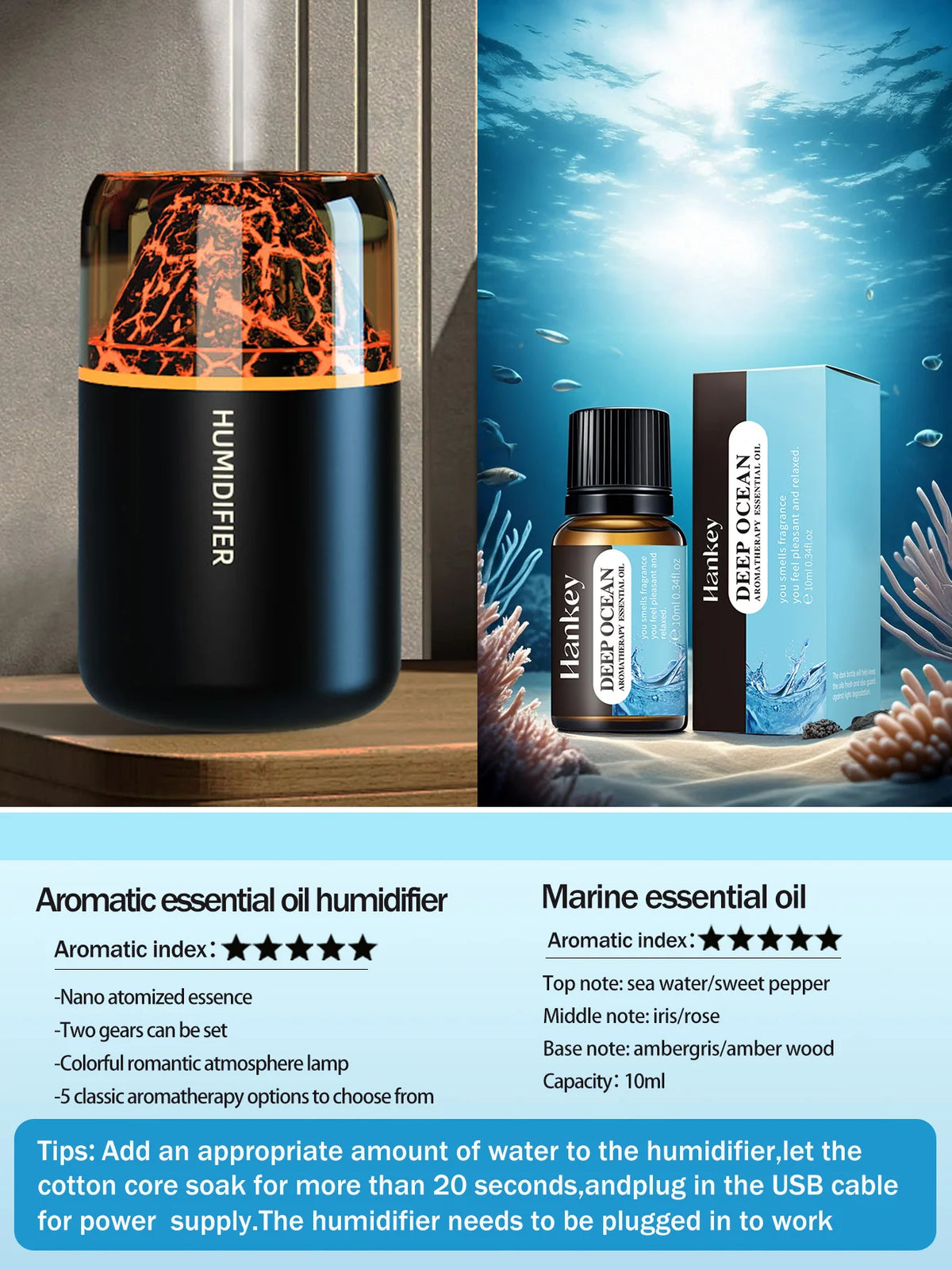 Humidificador volcán con luz LED y difusor de aromas USB