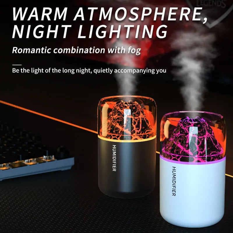 Humidificador volcán con luz LED y difusor de aromas USB